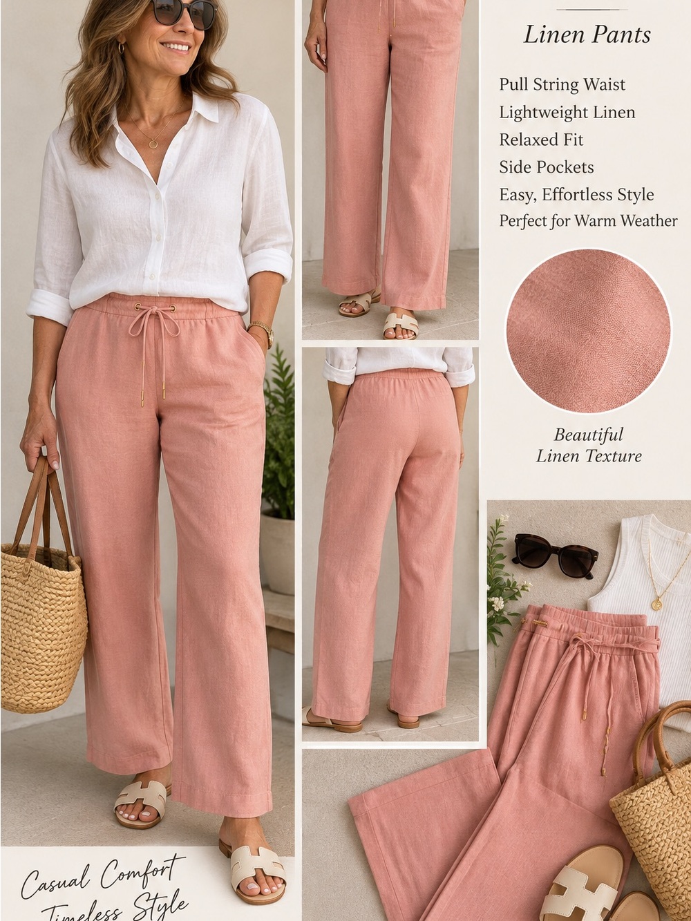 Ellen Tracy Linen Wide-Leg Pants in Dusty Peach